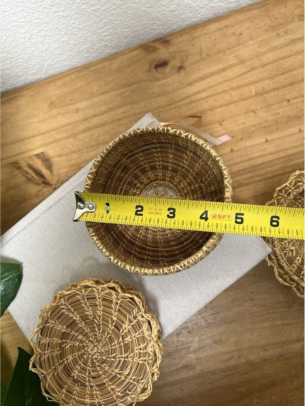5 Vintage Woven Pine Needle Coasters and Basket with Lid Set Boho Southwest